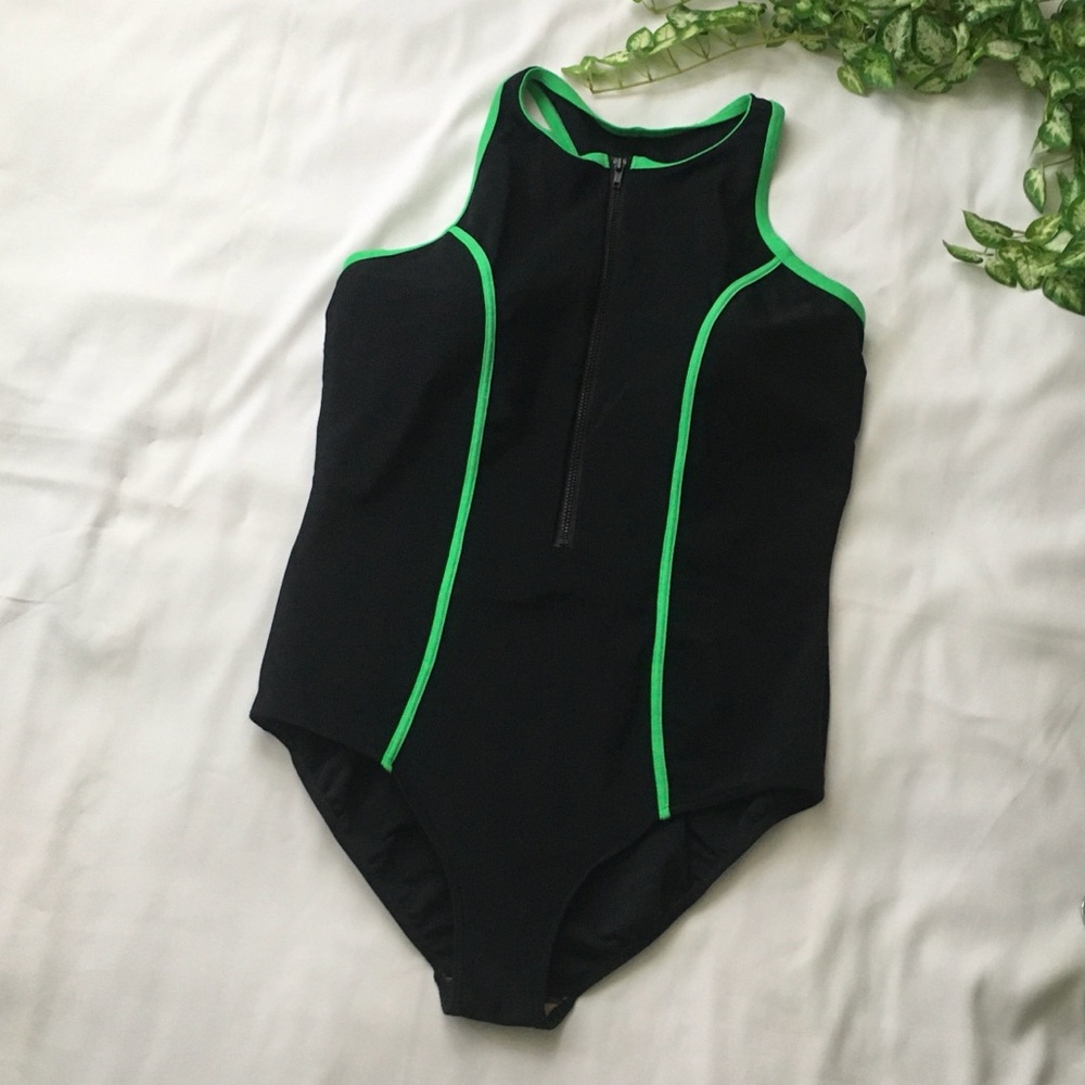 Black and Green Women's One Piece Swimsuit